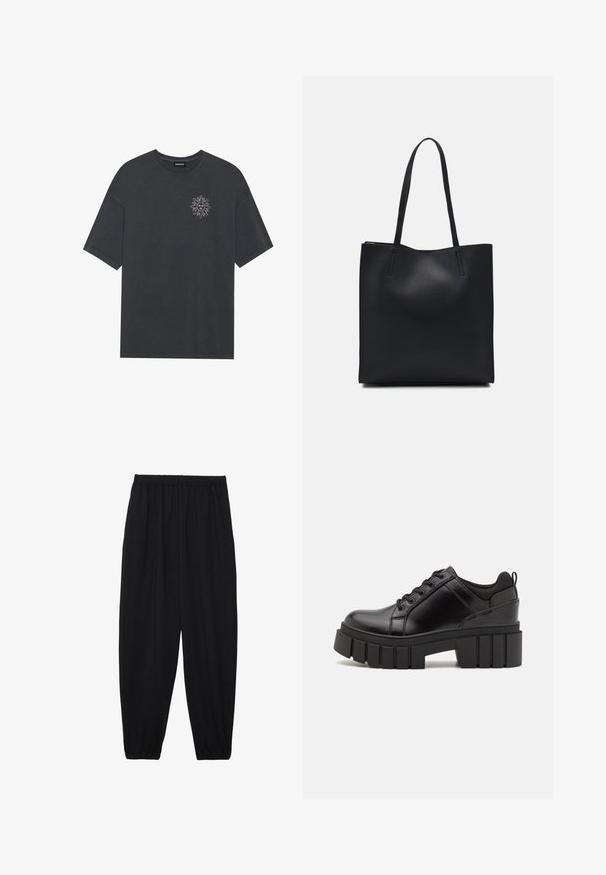 Temno siva bomba iz bombaža z okroglim ovratnikom in kratkimi rokavi, z belim sončnim grafikonom na levem prsnem delu.; Črne, lahke hlače z elastičnim pasom in nabranimi gležnji. Tkanina je gladka in ima sproščen, taperiran dizajn.; Črne usnjene platforme z debelim blokastim petam, okroglo konico in klasičnim vezanjem. Imajo gladko teksturo in minimalne podrobnosti.; Črna usnjena torba s svilnato teksturo, pravokotne oblike in dvema dolgima ročajema. Brez vidnih metalnih delov ali okrasnih elementov.