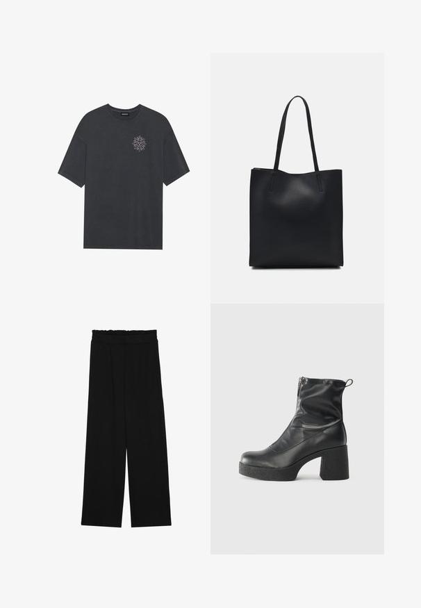 Tamno siva pamučna majica s okruglim izrezom i kratkim rukavima, s grafikom sunca u bijeloj boji na lijevoj strani prsnog područja.; Crne široke hlače s naboranim pojasom, koje imaju dva bočna džepa i glatku, laganu tkaninu. Nema vidljivih uzoraka ili metalnih dijelova.; Crne gležnjače od glatke kože, s bočnim zatvaračem, debelim teksturiranim potplatom i dizajnom s zaobljenim prstima.; Crna kožna torba za nošenje s glatkom teksturom, pravokutnim oblikom i dvije duge ručke. Nema vidljivih metalnih dijelova ili ukrasa.