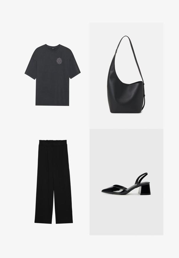 Tmavě šedé bavlněné tričko s kulatým výstřihem a krátkými rukávy, se bílým slunečním grafikou na levé části hrudi.; Černé široké nohavice s volánkovým pasem, které mají dvě boční kapsy a hladkou, lehkou tkaninu. Žádné viditelné vzory ani kovové prvky.; Černé lakované kožené lodičky na pásku s špičatou špičkou a geometrickým blokovým podpatkem. Vyznačují se elegantním, minimalistickým designem a hladkým povrchem.; Černá kožená hobo taška s hladkým povrchem, zakřiveným tvarem a jedním nastavitelným popruhem; má široké otevírání nahoře.