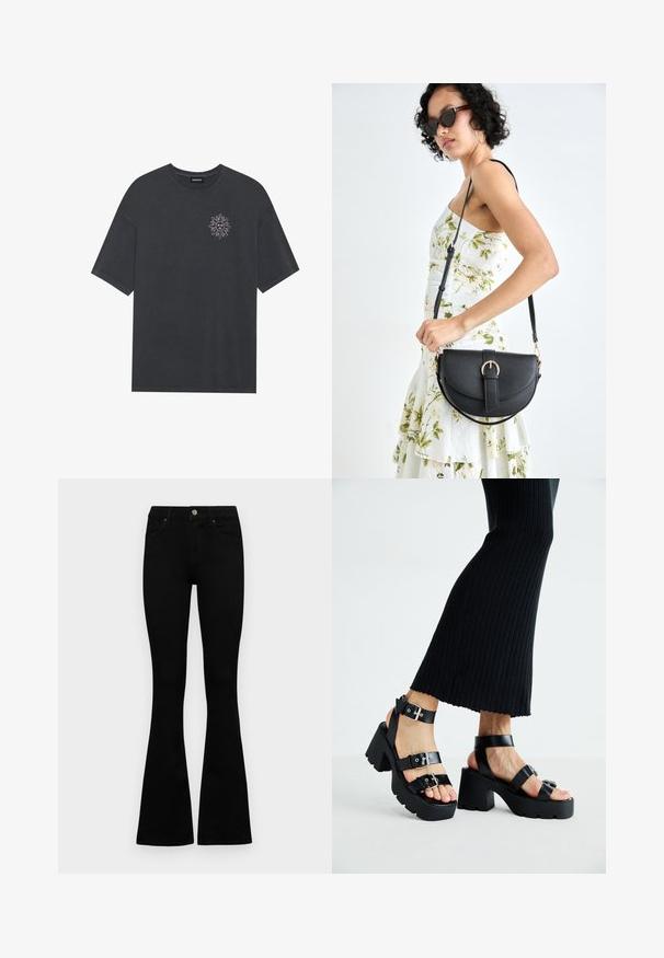 Temno siva bomba iz bombaža z okroglim ovratnikom in kratkimi rokavi, z belim sončnim grafikonom na levem prsnem delu.; Črne visokotopne kavbojke z gumbom in zadrgo, sprednjimi žepi in razširjenimi hlačnicami, poleg bel background.; Črne platforme s sandali in debelimi, zarezami ter več naramnicami, ki vključujejo kovinske zaponke in gladko teksturo, podobno usnju.; Črna usnjena torbica s ukrivljeno obliko, z odstranljivo naramnico in zlatimi dodatki. Torbica ima pokrov s podrobnostmi v obliki zaponke.