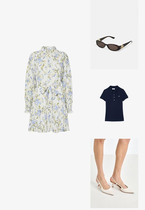 Granatowa koszulka polo z bawełny, z klasycznym kołnierzykiem, krótkim rękawem i pięcioma guzikami. Małe, zielone haftowane logo na piersi.; Kwiatowa sukienka w bieli z niebieskimi i zielonymi kwiatami, z kołnierzykiem, zapinana na guziki z przodu, z długimi rękawami z elastycznymi mankietami i paskiem w talii.; Beżowe lakierowane szpilki z odkrytą piętą, zakończone spiczastym noskiem i 5 cm obcasem, z wyciętymi bokami oraz cienkim paskiem na kostce.; Słoneczne okulary w kolorze żółwi z wydłużonymi owalnymi soczewkami, brązowym odcieniem, złotymi akcentami logo na zausznikach oraz smukłymi czarnymi ramionami.; Beżowa torebka w wzory o zakrzywionym kształcie, z skórzanymi akcentami i złotym logo z przodu. Posiada krótki uchwyt, co ułatwia noszenie.; Naszyjnik z pereł i kryształów o okrągłym, koralikowym wzorze w jasnych odcieniach, z naprzemiennie umieszczonymi perłami i błyszczącymi akcentami, noszony na szyi.