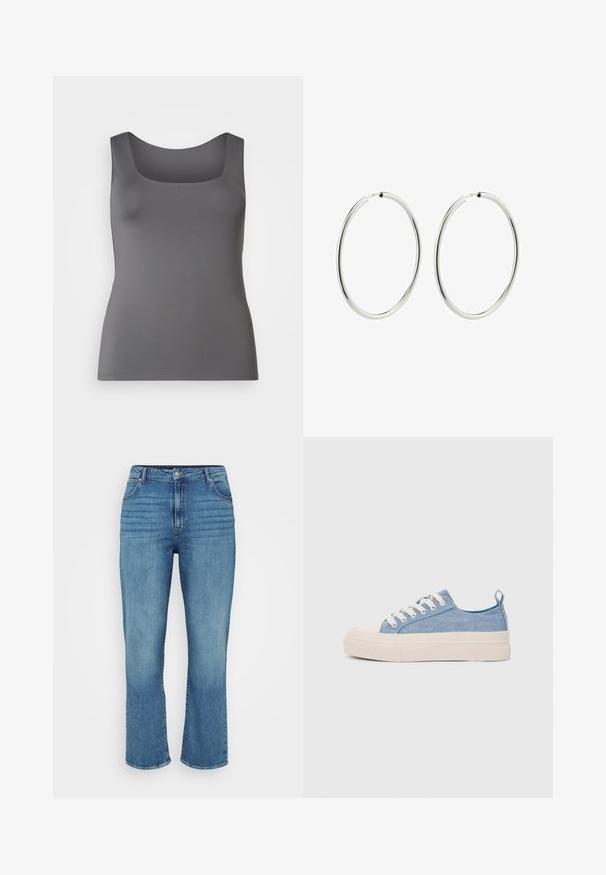 Sivi top bez rukava sa kvadratnim izrezom. Napravljen od glatkog materijala, s uskim krojem i širokim naramenicama.; Svijetloplave traperice s ravnim nogavicama, koje imaju pet džepova, petlje za remen i suptilno izblijedjele prednje dijelove.; Svijetloplave platnene tenisice s kremastim gumenim vrhom i potplatom, koje imaju bijele vezice i petnu traku.; Srebrne kružne naušnice s glatkom, poliranom površinom. Kružni oblik, dosljedna širina, dizajnirane za laku kopču. Jednostavne i elegantne.