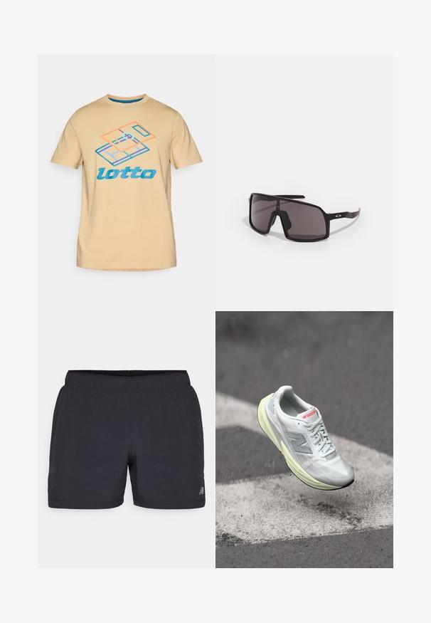 Bežinis medvilnės marškinėliai, su spalvinga grafika, atvaizduojančia teniso aikštelę ir mėlyną logotipą "lotto", su trumpomis rankovėmis ir apykakle.; Juodi sportiniai šortai su elastinga juosmens juosta, lengvas audinys ir diskretus logotipas apacioje kairėje pusėje. Lygi tekstūra.; Lengvi bėgimo bateliai su balta tinkline viršutinės dalies medžiaga, geltonu vidpadžiu ir pilkais akcentais. Sukurti su išsiskiriančiu „N“ logotipu ir tekstūruota paviršiumi.; Juodos stačiakampės saulės akinius su tamsiais stiklais, plačia rėmeliu ir plonomis juodomis kojelėmis. Ant smilkinių yra logotipas. Lygus paviršius.