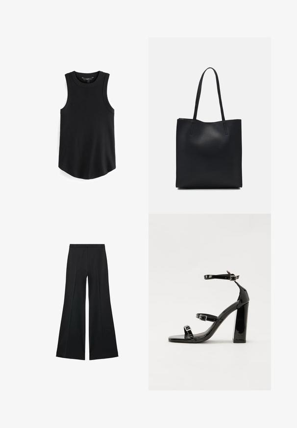 Black sleeveless tank top with a ribbed texture, round neckline, and a curved hem. Fabric appears smooth and stretchy. Brand label visible inside.; Black wide-leg pants with a smooth texture, featuring front pleats and a tailored design. The fabric is lightweight and flowy.; Black patent high-heeled sandals with two buckle straps, square toe, and a chunky block heel, featuring a smooth, glossy texture.; Black leather tote bag with smooth texture, rectangular shape, and two long handles. No visible hardware or embellishments.