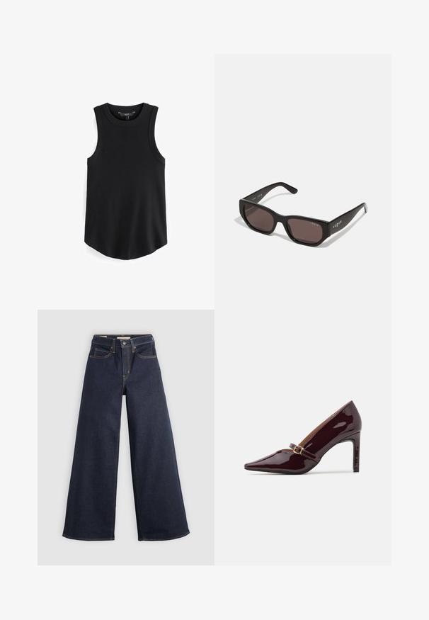 Zwarte mouwloze tanktop met een geribbelde textuur, ronde halslijn en een gebogen zoom. De stof lijkt glad en rekbaar. Merkenlabel zichtbaar aan de binnenkant.; Wijde denim jeans in donkerblauw met contrasterende stiksels. Bevat een traditionele vijf-pocketontwerp en een knoopsluiting in de taille.; Patente bordeaux hoge hak schoen met puntige neus, enkelsluitle met gouden hardware en een strakke, gepolijste afwerking. Verhoogde stiletto hak.; Zwarte rechthoekige zonnebril met donkere lenzen. Heeft een gladde kunststof montuur en logo-detail op de tempel. Strak, modern ontwerp.; Bordeaux handtas van synthetisch materiaal met een gestructureerd ontwerp, voorzien van een afneembare schouderband en een met bloemenpatroon versierde sjaal die aan het handvat is geknoopt.