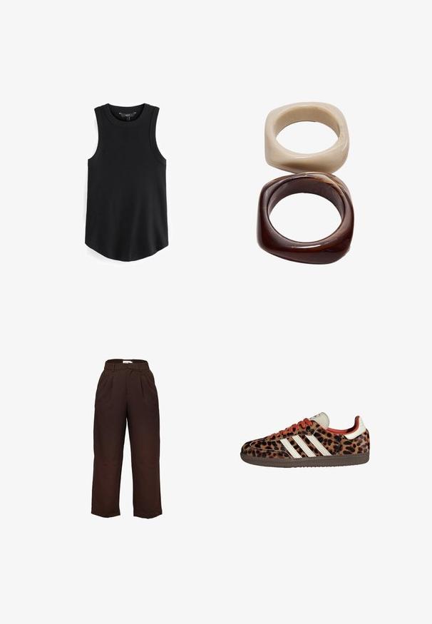 Schwarzes ärmelloses Tanktop mit gerippter Textur, rundem Ausschnitt und geschwungenem Saum. Der Stoff wirkt glatt und dehnbar. Markenlabel innen sichtbar.; Hochtaillierte, dunkelbraune, weit geschnittene Hosen mit Gürtelschlaufen und vorderen Falten, vor einem weißen Hintergrund präsentiert.; Sneaker im Leopardenmuster aus Wildleder mit roten Schnürsenkeln und drei weißen Streifen an der Seite. Sie haben eine cremefarbene Zunge und eine braune Sohle.; Stradivarius SET - Armband - dark brown