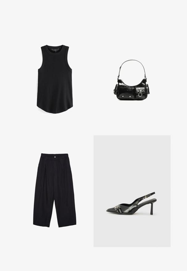 Czarny bezrękawnik z prążkowaną fakturą, okrągłym dekoltem i zaokrąglonym dołem. Materiał wydaje się gładki i elastyczny. Widoczna metka marki wewnątrz.; Czarne spodnie culotte z poliestru z elastycznym pasem, dwoma fałdami z przodu i luźnym krojem. Brak widocznych wzorów lub elementów metalowych.; Czarne lakierowane buty typu slingback z ostrym noskiem, paskami na kostkach z srebrnymi klamrami i elementami metalowymi oraz smukłym obcasem.; Czarna torebka z lakierowanej skóry o zaokrąglonym kształcie, z jednym paskiem na ramię, przednimi kieszeniami i akcentami w kolorze srebrnym.