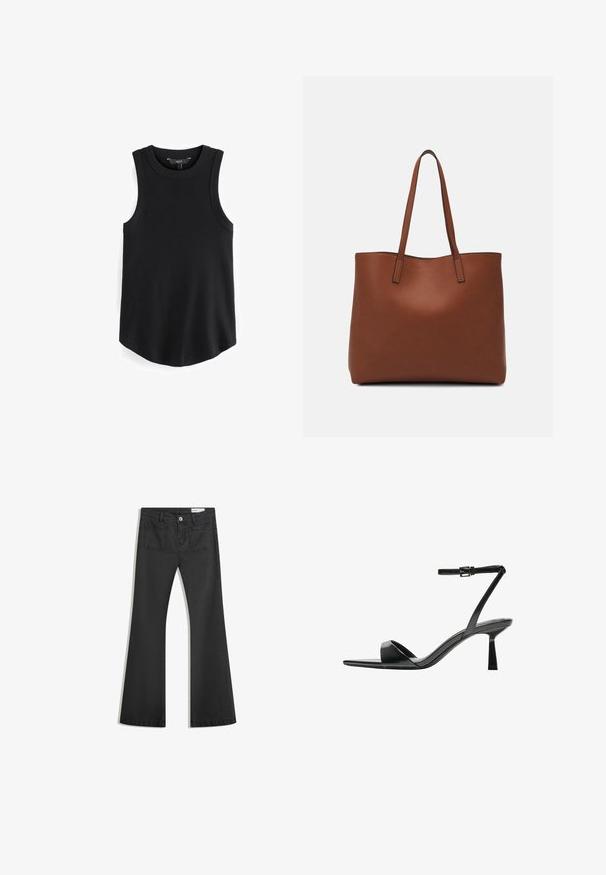 Zwarte mouwloze tanktop met een geribbelde textuur, ronde halslijn en een gebogen zoom. De stof lijkt glad en rekbaar. Merkenlabel zichtbaar aan de binnenkant.; Zwarte flared jeans van denim met een gladde textuur, voorzien van twee achterzakken en een knoopsluiting bij de taille.; Bershka Sandalen met hoge hak - black; Bruine leren tote bag met een gladde textuur, een ontwerp met een open bovenkant en twee schouderbanden. Kenmerkt zich door minimale stiksels en geen zichtbare hardware.