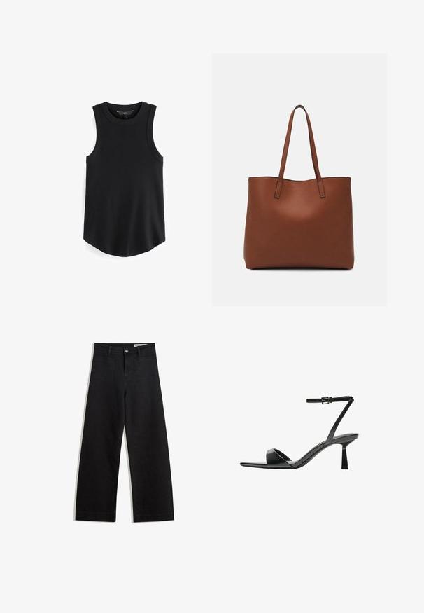 Top senza maniche di colore nero con una trama a coste, scollatura rotonda e orlo curvo. Il tessuto appare liscio e elasticizzato. Etichetta del marchio visibile all'interno.; Pantaloni in denim neri a gamba larga con vita alta, dotati di tasche anteriori e posteriori, cuciture a punto, e chiusura con bottone. Texture liscia.; Bershka Sandali con tacco - black; Borsa tote in pelle marrone con texture liscia, design con apertura superiore e due spallacci. Presenta cuciture minime e nessun hardware visibile.