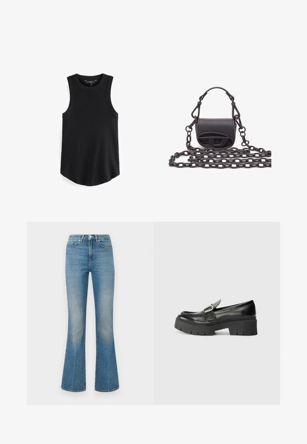 Čierny bezrukávový top s rebrovanou textúrou, okrúhlym výstrihom a zakriveným lemom. Tkanina vyzerá hladko a pružne. Značka je viditeľná vo vnútri.; Svetlo modré rozšírené džínsy vyrobené z denimu. Majú pás s gombíkom a vybledlý vzhľad, zužujúci sa do širokého lemu na členkoch.; Čierne kožené poltopánky so širokou gumovou podrážkou. Majú detail so sponou a prešitie pozdĺž vrchnej časti. Plná päta.; Malá čierna kabelka vyrobená z hladkej kože, so zaobleným tvarom, predným logom a textúrovaným reťazovým popruhom.