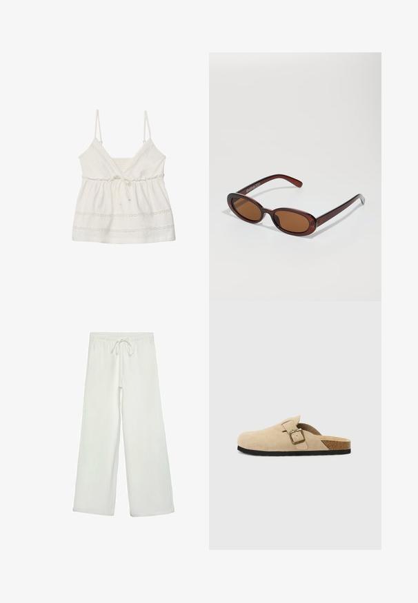 White sleeveless top with adjustable straps, v-neckline, gathered waist, and decorative lace trim along hem and bodice. Soft cotton fabric.; White wide-leg pants made of soft fabric. Features an elastic waistband with a drawstring and a smooth texture. No visible patterns or hardware.; Beige suede slide-on clogs with a cork footbed, rounded toe, and a simple strap featuring a gold-tone buckle. Rubber sole for grip.; Round, brown-tinted sunglasses with a glossy burgundy frame. Slim arms with subtle branding detail. Flat lens design.; Brown leather tote bag with two long handles, structured shape, smooth texture, and minimalistic design. No visible hardware or accents.