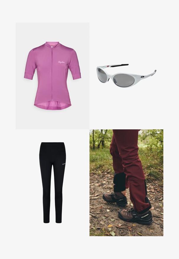 Kortærmet cykelskjorte i lys lilla, med lynlås foran, struktureret pasform og diskret "Rapha." logo trykt på brystet.; Sorte leggings lavet af strækstof, med en høj talje og et lille logo på venstre lår, designet til komfort og bevægelighed.; Brune vandresko med sorte accenter og robuste såler, parret med bordeauxfarvede vandtætte bukser med sorte sidepaneler og lynlåse.; Hvide plast solbriller med store ovale linser, gråtonede. Har sorte øre greb og et lille logo på rammen. Glat overflade.; Salomon ACTIVE SKIN 12 SET UNISEX - Drikkerygsække - black