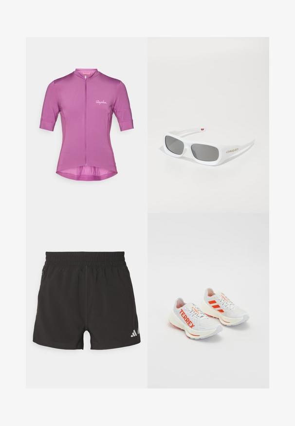 Korte mouwen fietsshirt in helder paars, met een rits aan de voorkant, gestructureerde pasvorm en subtiel "Rapha." logo gedrukt op de borst.; Zwarte sportieve shorts van lichtgewicht stof. Kenmerkt zich door een elastische tailleband, een zijzak met rits en een reflecterend logo op de zoom.; Witte hardloopschoenen met oranje accenten. Mesh materiaal, ronde neus en dikke tussenzool. "TERREX" gedrukt aan de zijkant en drie strepen op de hiel.; Witte rechthoekige Oakley-zonnebril met donkere lenzen die op een witte ondergrond liggen, logo zichtbaar aan de zijkant.