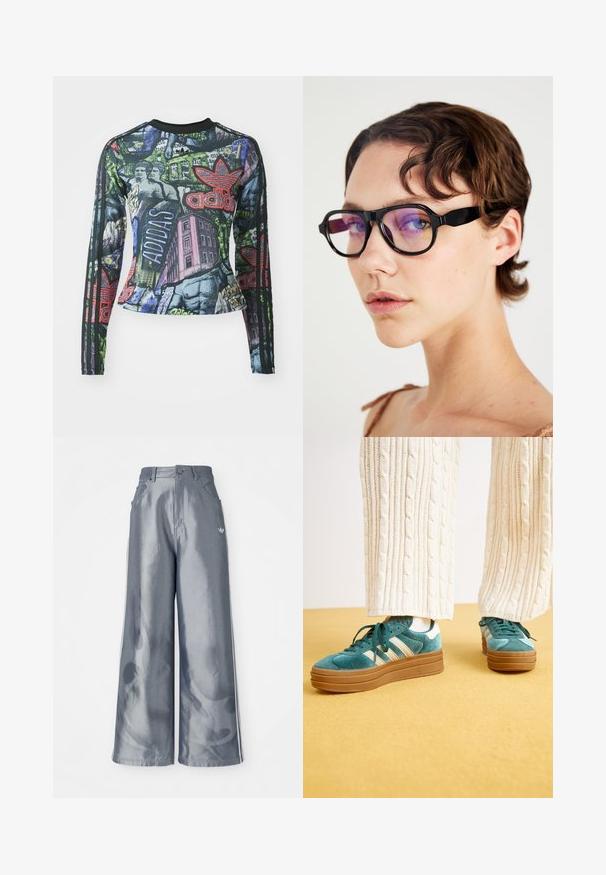 Long-sleeve athletic top featuring a graphic print with bold colors, including black, green, and red, and three black stripes on each sleeve.; Wide-leg pants in shiny gray material, featuring white side stripes and a flame pattern on the lower legs. Button and zipper closure at the waist.; adidas Originals GAZELLE BOLD - Trainers - mineral green/putty grey; Black rectangular glasses with purple-tinted lenses, featuring a thick frame and flat sides, highlighting a modern design.