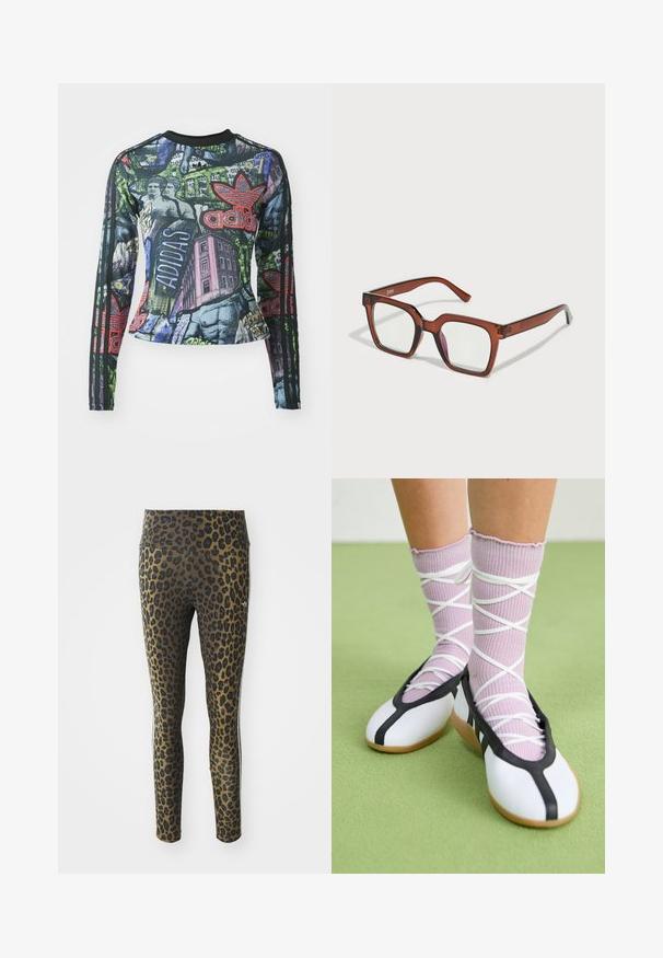 Pikendatud varrukatega spordisärgi, millel on julge graafiline trükk intensiivsete värvidega, sealhulgas must, roheline ja punane, ning igal varrukal on kolm musta triipu.; Leopardimustriga retuusid, millel on kõrge vöökoht, veniv kangas ja mustad aktsendid heledal pruunil taustal, loodud mugavuse ja sobivuse tagamiseks.; Valged lamedad jalanõud musta ääre ja tallaga, koos heledate lillade soonikatega sokkidega, millel on valged ristvõrgud. Taustal roheline värv.; Pruunid üleõlised ristkülikukujulised prillid selgete läätsedega, millel on paremal läätses kerge roosa tooni. Plastraam, mille pind on sile.