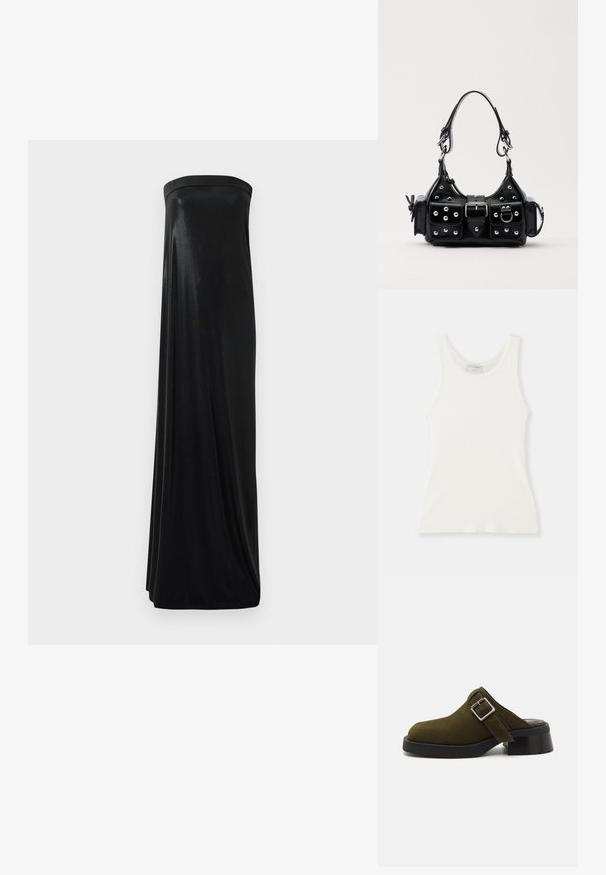 Top de camisola branco com riscas, com um decote redondo e alças largas, apresentando uma textura suave e uma silhueta ajustada.; Vestido maxi preto sem alças feito de um tecido liso e brilhante. Possui um corpete ajustado e uma silhueta fluida, alcançando o chão sem adornos.; Mule de camurça verde-oliva com um salto baixo e grosso preto. Apresenta uma fita lateral com uma fivela prateada para ajuste. Textura suave em geral.; Bolsa de couro preta com um design curvado, apresentando tachas prateadas, uma fivela e dois bolsos laterais. Alça ajustável para opções de transporte.