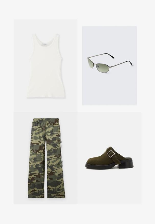 Top in cotone bianco a costine con scollo rotondo e spalline larghe, caratterizzato da una texture morbida e una silhouette attillata.; Pantaloni cargo con motivo mimetico in tonalità di verde e marrone, caratterizzati da un design a gamba larga, una vita elasticizzata e tasche laterali con strisce.; Mule in suede verde oliva con tacco basso e spesso nero. Presenta una fascia laterale con una fibbia argentata per la regolazione. Texture liscia complessiva.; Occhiali da sole in metallo con lenti verdi allungate, montatura sottile in argento e puntali neri. Presentano piccoli naselli per maggiore comfort.