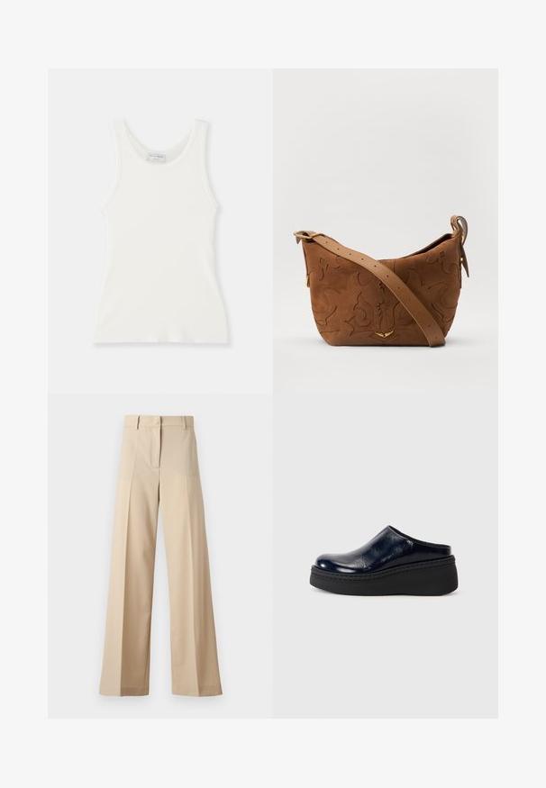 Hvid ribbet tanktop med rund halsudskæring og brede stropper, som har en blød tekstur og en tætsiddende silhuet.; Beige bukser med vid ben lavet af blødt stof, med en flad foran med folder, lynlås og bæltestropper. Skræddersyet pasform generelt.; Marineblå patenteret læderklap med en glat overflade, der har en tyk sort platformssål og synlig syning langs bunden.; Brun ruskinds skuldertaske med prægede blomsterdesign, suppleret af en glat brun læderrem og akcenter i guldfarvet metal.