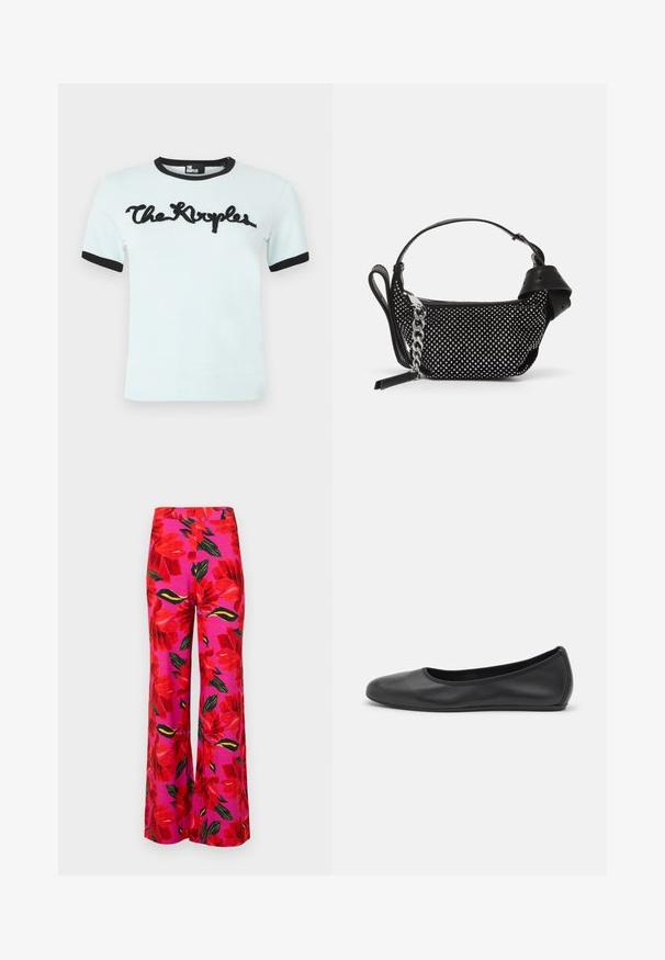 Šviesiai mėlyna trumpomis rankovėmis marškinėliai su juodu gumuotu apykakle ir rankogaliais, ant priekio turintys juodą kursyvu parašytą "The Kooples" logotipą.; Plati kelnaitės iš rožinės medžiagos su dideliu raudonu floriniu raštu, papildytu žaliais lapais ir juodais akcentais. Sklandi tekstūra, aukšto juosmens dizainas.; Juodai odiniai baletai su apvaliu pirštu, lygi texture, minimalus siuvimo detales ir lanksčiu padų dizainu.; Juodas rankinės krepšys su metaliniais įdėklais, grandinės petneša ir lygaus odos rankena, su apvalia forma ir užtrauktuku uždaromu skyriumi.