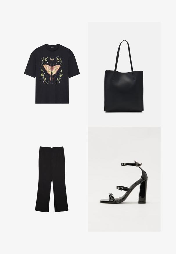 Črna bombažna majica z barvitim grafičnim motivom metulja, obdanega z listi in zvezdami, z napisom "PRAVA LJUBEZEN" na dnu.; Črne hlače ravnega kroja z naglavnimi žepi in stranskimi razporki na robu. Narejene iz mehke, gladke tkanine. Primerne za različne priložnosti.; Črne lakaste sandale z visokimi petami, z dvema trakovoma z zaponkama, kvadratnim sprednjim delom in masivno širšo peto, z gladko, sijočo teksturo.; Črna usnjena torba s svilnato teksturo, pravokotne oblike in dvema dolgima ročajema. Brez vidnih metalnih delov ali okrasnih elementov.