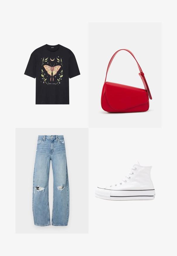 Black cotton t-shirt featuring a colorful butterfly graphic surrounded by leaves and stars, with the text "TRUE LOVE" at the bottom.; Light blue, high-waisted jeans made of denim. Feature wide legs, two torn knee areas, and classic five-pocket styling.; White high-top canvas sneaker with black rubber sole, front rubber toe cap, and six eyelets for laces, featuring a clean, minimalist design.; Red leather handbag with an angular, geometric design. Features a single adjustable strap and a flap closure with stitched detailing.