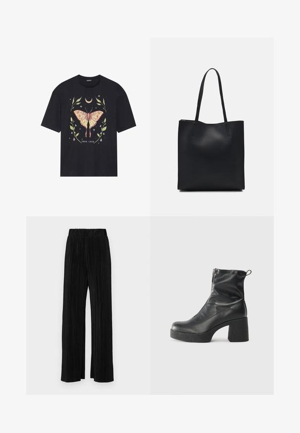 Black cotton t-shirt featuring a colorful butterfly graphic surrounded by leaves and stars, with the text "TRUE LOVE" at the bottom.; Black pleated trousers with an elastic waistband. Features wide legs and a smooth, textured fabric with vertical stripes.; Black ankle boots made of smooth leather, featuring a side zipper, chunky textured heel, and rounded toe design.; Black leather tote bag with smooth texture, rectangular shape, and two long handles. No visible hardware or embellishments.