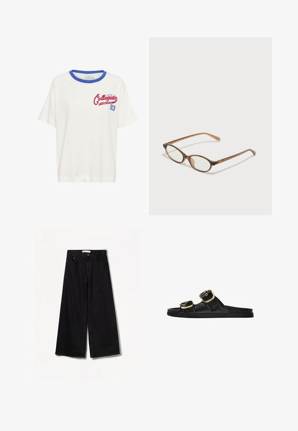 Witte katoenen T-shirt met een blauwe ribgebreide halslijn en een rode grafische tekst "Collegiate Champion Est. 93" op de voorkant. Korte mouwen.; Bershka WIDE-LEG - Wide leg - black; Zwarte slipper met twee gouden gesps, gladde textuur, platte zool en een minimalistisch ontwerp.; Bruine schildpadbril met ovale lenzen, dunne armen en transparante accenten. Heeft een subtiele logo op de tempel. Strak, lichtgewicht ontwerp.; Bruine leren schoudertas met een gebogen vorm, gouden hardware en een gespaccent. Bevat een afneembare schouderriem.