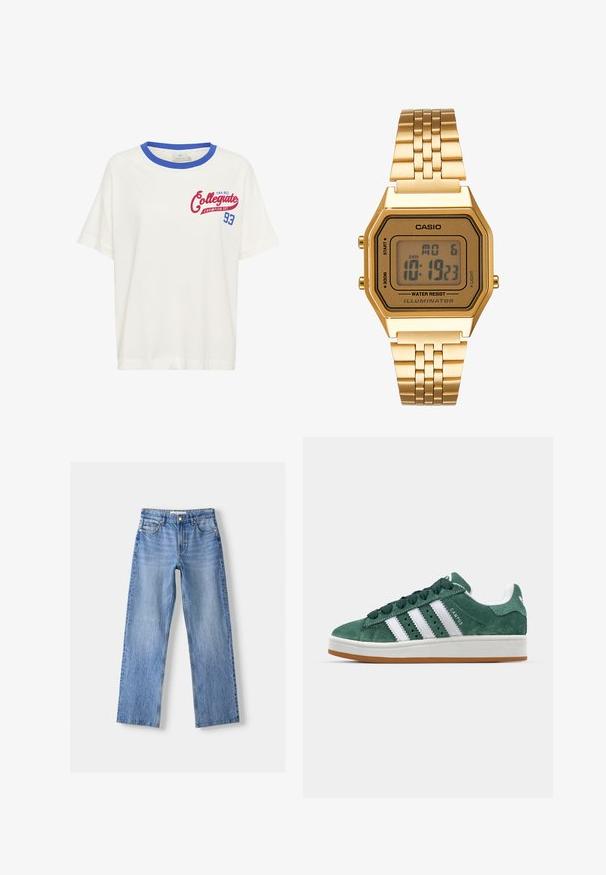 White cotton t-shirt with a blue ribbed neckline and red "Collegiate Champion Est. 93" graphic detail on the front. Short sleeves.; Light blue denim jeans with a straight leg design, featuring five pockets, a front button closure, and subtle fading for texture.; Green suede sneaker with white leather stripes, rubber sole, padded collar, and minimalistic design. Features branding on the side.; Gold digital watch with a rectangular face, LCD display, stainless steel band, and buttons on the side. Features a water-resistant label.