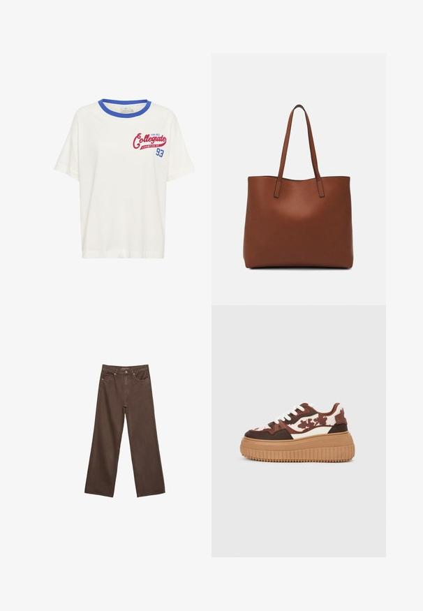 Hvid bomulds t-shirt med en blå ribbet halsudskæring og rød "Collegiate Champion Est. 93" grafikdetalje på fronten. Korte ærmer.; Bredde ben brun denim jeans med høj talje, forlommer og klassisk knaplukning. Glat tekstur med diskret syninger.; Platform sneakers med et brunt og cremefarvet camouflage-mønster, kontrasterende lysebrune såler og hvide snørebånd. Overdelen har blandede materialer og teksturer.; Brun læder tote taske med en glat overflade, åben topdesign og to skulderremme. Har minimal syning og ingen synlig hardware.