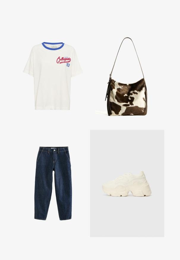Hvid bomulds t-shirt med en blå ribbet halsudskæring og rød "Collegiate Champion Est. 93" grafikdetalje på fronten. Korte ærmer.; Mørkeblå denimbukser med løs pasform, der har fem lommer, bæltestropper og kontrasterende gule syninger. Ren, struktureret stof.; Chunky hvide sneakers lavet af tekstureret mesh og syntetiske materialer, med en tyk sål og intrikate mønsterdetaljer langs siderne.; Brun og creme farvet koe læder skuldertaske med en glat læderrem, lynlås lukning og en blød, tekstureret overflade med et naturligt mønster.