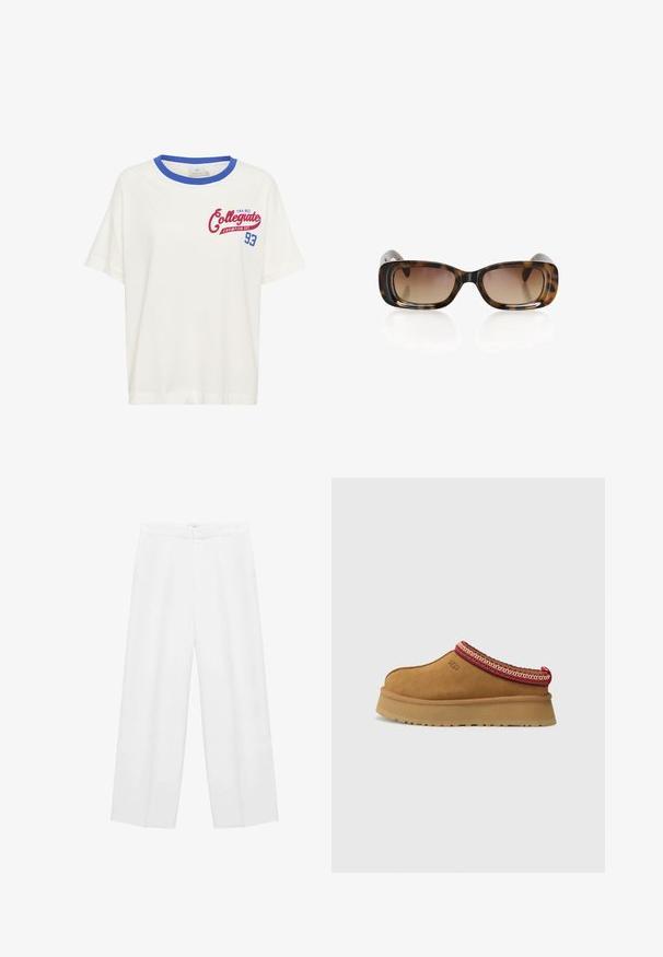 T-shirt bianca in cotone con scollatura a coste blu e dettaglio grafico rosso "Collegiate Champion Est. 93" sulla parte anteriore. Maniche corte.; Pantaloni bianchi a gamba larga con una texture morbida, caratterizzati da una vita alta e due tasche laterali. Design semplice senza motivi visibili.; Scarpa slip-on in suede marrone con bordi a motivo rosso e crema, suola testurizzata e logo UGG di lato. Presenta un leggero rialzo della suola.; Occhiali da sole tartarugati con forma rettangolare, lenti scure a sfumatura marrone, montatura spessa e bordi arrotondati per il comfort.; Borsa a spalla hobo in suede marrone scuro con ampia tracolla in pelle regolabile e corpo morbido e sformato su sfondo bianco.