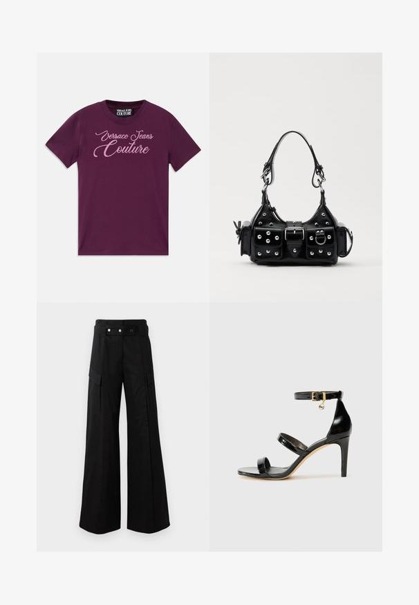 Fialové bavlněné tričko s krátkými rukávy, s třpytivým růžovým logem "Versace Jeans Couture" v kurzívě na přední straně.; Černé kalhoty s širokými nohavicemi a vysokým pasem, které mají velké boční kapsy, dva přední knoflíky a detail v podobě poutka. Vyrobeno z pevné látky.; Černé lakované kožené sandály se třemi pásky, sponou na kotníku a 10 cm jehlovým podpatkem. Obsahují zlaté kovové detaily a logo přívěsek.; Černá kožená kabelka s křivkovým designem, zdobená stříbrnými hřebíky, s přezkou a dvěma bočními kapsami. Nastavitelný popruh pro různé možnosti nošení.