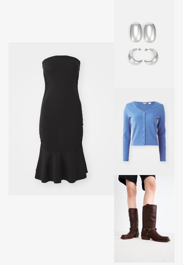 Csíkozott, hosszú ujjú kék kardigán V-nyakú fazonnal, elöl hat gombbal. Az anyagnak texturált felülete van.; Fekete, pánt nélküli ruha rugalmas anyagból, oldalt ráncolással és bővült szegéllyel. Sima textúra, testhez simuló fazon.; Barna bőr, térd feletti csizmák kerek orral, textúrázott felülettel, bokapánttal és ezüst hardware részletekkel; rétegezett sarokkal.; Ezüst színű fülbevaló szett: két ovális stud és két félhold alakú karika, fényes, sima felülettel és kerekdeden formával.
