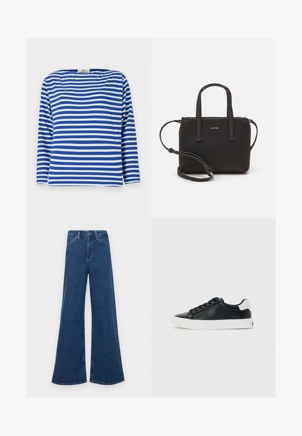 Sinine ja valge triibuline pikavarrukaline särk paadi kaelusega. Valmistatud kerge kangaga, millel on mugav lõike ja sirge alläär.; Sinine denimist laienevad teksad kõrge vöökoha ja viie taskuga, nupuvajutusega kinnituse ning kontrastsete õmblustega õmblustel.; Mustad musta värvi madalate tossudega, millel on valge tald ja kand, mustad paelad ning diskreetne Calvin Kleini logo küljel, esitatud lihtsalt taustal.; Musthave mustrans vöö ja eemaldatav õlarihm. Gludike nahk siledaga, millel on tõmblukk ja logo detail.