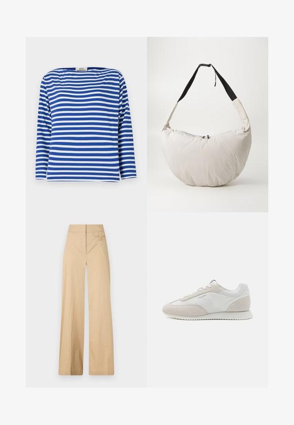 Top de rayas azul y blanco de manga larga con escote barco. Fabricado en un material ligero con un corte holgado y dobladillo recto.; Pantalones de pierna ancha beige fabricados en una mezcla de algodón. Presentan una textura suave, cinturilla elástica y un detalle de botón en el lateral.; Zapatillas de color claro que presentan una combinación de cuero blanco y ante beige, con una suela texturizada y un branding mínimo en el lateral.; Bolso acolchado en color beige claro con forma curva de media luna. Correa negra, cierre con cremallera y logo sutil en la parte frontal. Textura suave.