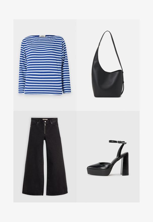 Modrý a bílý pruhovaný top s dlouhým rukávem a lodním výstřihem. Vyrobeno ze světelného materiálu s uvolněným střihem a rovnými lemy.; Džíny s širokými nohavicemi v černém denimovém provedení se zipem vpředu, pěti kapsami a jemnými švy. Hladká textura a ležérní styl.; Černé platformové podpatky s špičatou špičkou a nastavitelným kotníkovým popruhem. Vyrobeny z hladké kůže, s masivním blokovým podpatkem.; Černá kožená hobo taška s hladkým povrchem, zakřiveným tvarem a jedním nastavitelným popruhem; má široké otevírání nahoře.