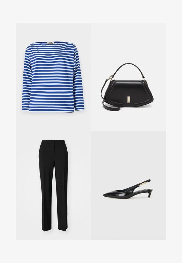 Kék és fehér csíkos, hosszú ujjú felső, széles nyakkivágással. Könnyű anyagból készült, laza fazonnal és egyenes aljjal.; Fekete, testhezálló nadrág egyenes szárú kivitelben, sima textúrával és éles redőkkel az elején. Nincs látható fémalkatrész.; Fekete bőr slingback magassarkúk, hegyes orral, vékony sarkakkal és arany színű részlettel a állítható pánton. Simа felület.; Fekete bőr kézitáska, strukturált dizájnnal, rövidített formával, felső fogantyúval és arany színű kiegészítőkkel. Állítható vállpánt is tartozik hozzá.