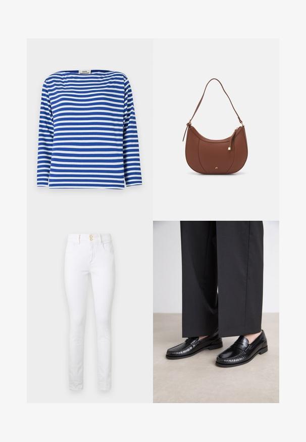Blue and white striped long-sleeve top with a boat neckline. Made of lightweight fabric with a relaxed fit and straight hem.; White denim skinny jeans with a high waist, two front pockets, and gold-tone button closure. Smooth texture, fitted silhouette, and no visible patterns.; Black leather loafers with a smooth finish, stitched detailing around the toe, and a low rubber sole. Paired with wide black trousers.; Brown faux leather shoulder bag with curved shape, minimal stitching, and a gold-tone hardware accent. Features a top zipper closure and adjustable strap.