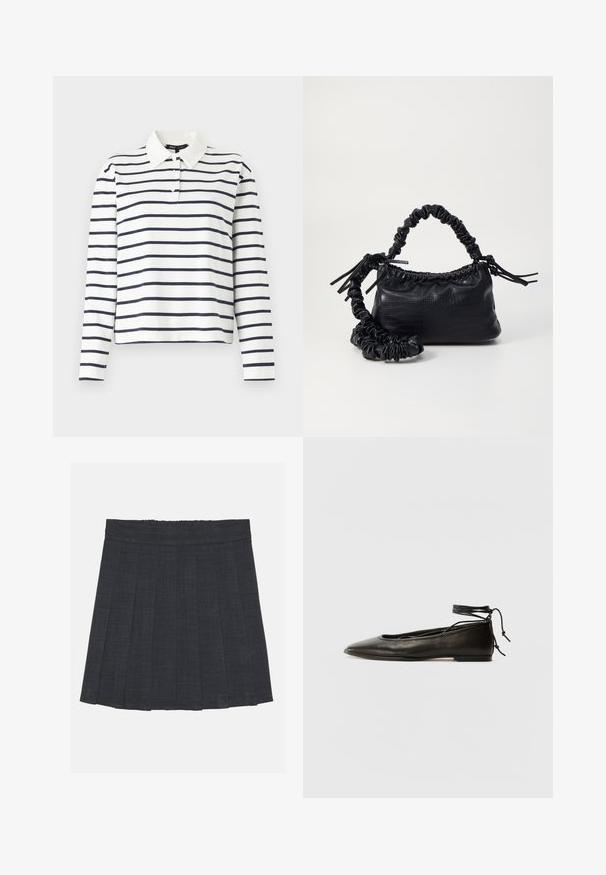 Pitkähihaiset poolopaita valkoisena, jossa on tummansiniset vaakaraidat, kauluksellinen kaula-aukko ja kolmesta napista koostuva napitus. Puuvillamateriaali.; Tummanharmaa laskostettu hame, jossa on joustava vyötärö, teksturoitu kangas ja klassinen A-linjainen siluetti. Sopii arkikäyttöön.; Musta nahka ballet-flatit, joissa on terävä kärki, nilkkaremmiliitos ja litteä pohja, varustettuna sileällä pinnalla ja minimalistisella muotoilulla.; Must-have mustekahvi nahkalaukku krokotiiliaistalla, kiristetty yläosa ja rypistetty hihna. Näyttää pehmeältä ja kompaktilta muotoilultaan.