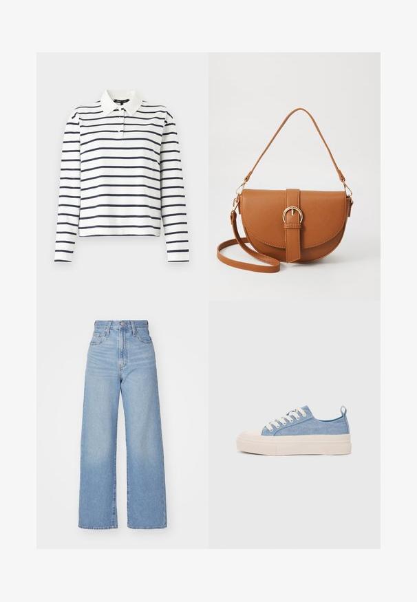 Biała koszulka polo z długim rękawem w niebieskie poziome paski, z kołnierzykiem i listwą na trzy guziki. Wykonana z bawełny.; Jasnoniebieskie jeansy z wysokim stanem i szerokimi nogawkami, z zapięciem na guziki i zamek z przodu, przednie i tylne kieszenie, na białym tle.; Jasnoniebieskie płócienne sneakersy z kremowym czubkiem z gumy i podeszwą, z białymi sznurówkami i pętelką na pięcie.; Brązowa skórzana torba na ramię o zaokrąglonym kształcie, ze złotymi akcentami i zapięciem w formie klamry. Posiada odpinany pasek na ramię.
