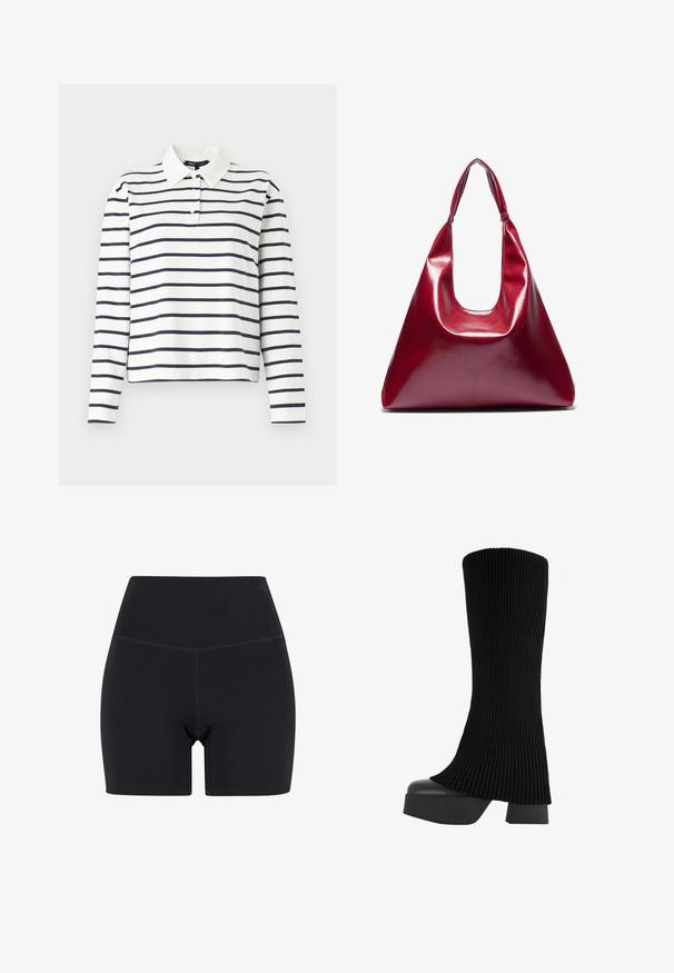 Biała koszulka polo z długim rękawem w niebieskie poziome paski, z kołnierzykiem i listwą na trzy guziki. Wykonana z bawełny.; Czarne szorty o wysokim stanie wykonane z elastycznego materiału. Posiadają elastyczny pas, gładką teksturę i długość do połowy uda, z bezszwowym wykończeniem.; Czarne wysokie kozaki z ribbowym materiałem, chunky platformą i blokowym obcasem, o gładkiej fakturze i nowoczesnym, eleganckim designie.; Czerwona, błyszcząca skórzana torebka o trójkątnym kształcie, z szerokim otwarciem na górze i pojedynczym, zaokrąglonym uchwytem. Gładka tekstura z minimalnymi detalami przeszyć.