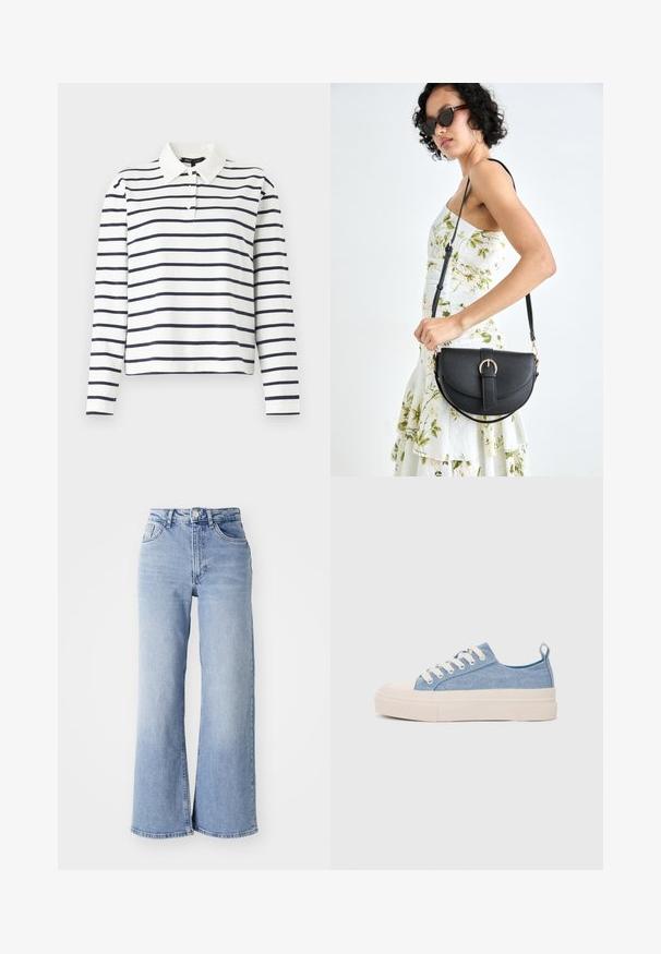 Langermet polo skjorte i hvitt med marineblå horisontale striper, med kragehals og tre knapper. Laget av bomull.; Lyseblå høyt liv vide jeans med front- og baklommer, knappelukking og subtile falminger på lårene og kanten.; Lys blå canvastøfler med en kremfarget gummitupp og yttersåle, med hvite snørebånd og en løfteløkke på hælen.; Svart lærveske med en buet form, avtagbar stropp og gullbeslag. Vesken har et klaff med spenne-detall.