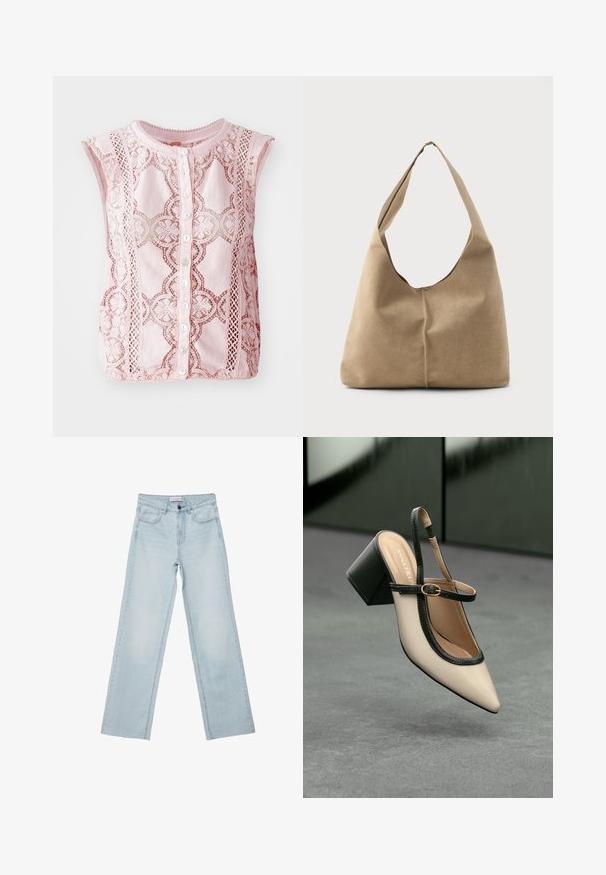 Svijetloružičasti bezrukavac s čipkastim detaljima, okruglim izrezom i dugmetima u prednjem dijelu s pet dugmadi.; Svijetloplave široke traperice s pet džepova, dugmadi za zatvaranje i izblijedjelim detaljima. Klasičan ravni kroj s opuštenim fitom.; Bež cipele s otvorenom petom i šiljastim vrhom, crnim obrubom, zlatnom kopčom i debelim blok-petom na sivom podu s tamnozelenom pozadinom.; Torba hobo u mekanom bež antilopu s opuštenim oblikom, širokim remenom za rame i ručno šivenim detaljem na prednjoj strani.