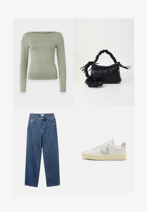 Camisola de manga longa em verde claro, com decote redondo e silhueta ajustada, feita de um tecido suave e elástico. Sem padrões ou adornos.; Jeans de denim azul clássicos com um design de perna reta, cinco bolsos e fecho de botão. Apresenta um tratamento médio e uma textura resistente.; Sapatilha de couro branca com detalhes em camurça bege, biqueira perfurada, atacadores planos e sola texturizada creme. Apresenta uma marcação subtil no calcanhar.; Bolsa de mão em couro sintético preto com textura de crocodilo, topo franzido e alça enrugada. Apresenta um design suave e compacto.