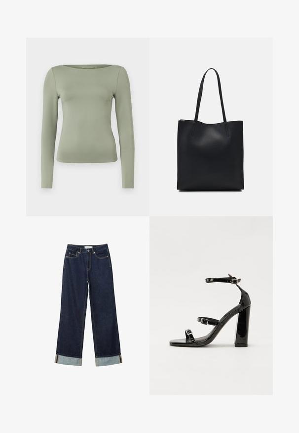 Dolgi rokav v svetlo zeleni barvi, z okroglim izrezom in prilegnjeno silhueto, izdelan iz gladkega, elastičnega materiala. Brez vzorcev ali okrasitev.; Temno modri široki jeans z visokim pasom, s zavitimi manšetami, kontrastnim šivanjem in dizajnom s petimi žepi. Narejeni iz jeansa.; Črne lakirane sandale s peto, kvadratnim prstom, trakovi okrog gležnja in srebrnimi zaponkami. Opremljene so s stabilno Debelo peto.; Črna usnjena torba s svilnato teksturo, pravokotne oblike in dvema dolgima ročajema. Brez vidnih metalnih delov ali okrasnih elementov.