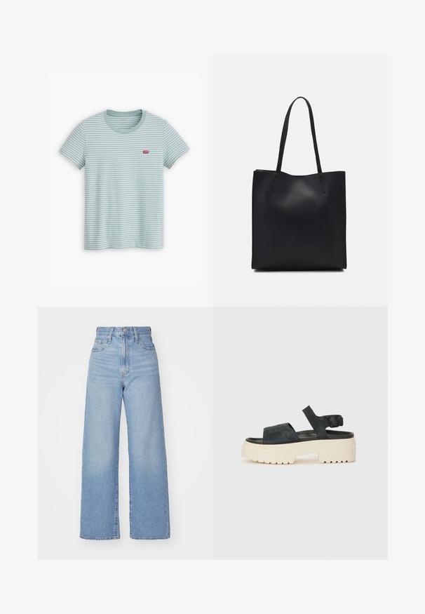 Light blue striped t-shirt made of cotton, featuring short sleeves and a round neckline. A small red Levi’s logo is positioned on the chest.; Light blue high-waist wide-leg jeans with front button and zip closure, front and back pockets, on a white background.; Black suede platform sandals with a chunky white sole, wide front strap, and adjustable ankle buckle. Textured outsole for grip.; Black leather tote bag with smooth texture, rectangular shape, and two long handles. No visible hardware or embellishments.