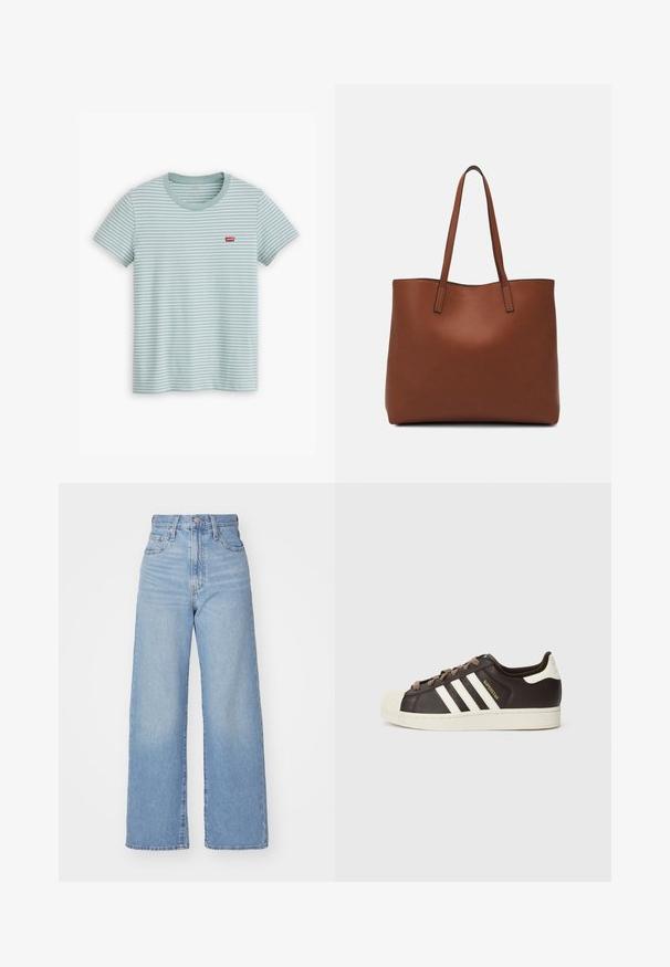 Light blue striped t-shirt made of cotton, featuring short sleeves and a round neckline. A small red Levi’s logo is positioned on the chest.; Light blue high-waist wide-leg jeans with front button and zip closure, front and back pockets, on a white background.; Low-top Adidas Superstar sneaker in dark brown leather with cream shell toe, white stripes, and "Superstar" text on the side.; Brown leather tote bag with a smooth texture, open top design, and two shoulder straps. Features minimal stitching and no visible hardware.