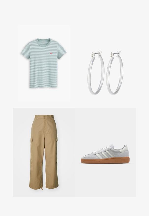 Heledad sinine triibuline T-särk, mis on valmistatud puuvillast, lühikeste varrukatega ja ümmarguse kaelusega. Rinnal on väike punane Levi'si logo.; Beezid kargo püksid kõrge vöökohaga, laiad jalad ja neli suurt külgtaskut. Valmistatud vastupidavast kangast, millel on sile tekstuur ja minimaalne detail.; Heledad hallhall kreemikas nähtav dress särk valgete nahka elementidega, kolm valget triipu ja pruun kummikreen, millel on mugavuse tagamiseks pehmendusega kaelus.; Hõbedased rõngaskõrvarõngad, millel on sile, läikiv viimistlus. Ümmargune kuju ja turvaline klõpsulatus. Kerge disain, sobib igapäevaseks kandmiseks.