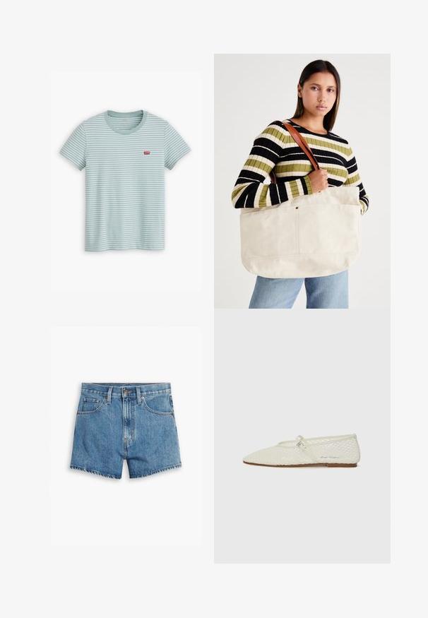 Svjetloplava prugasta majica od pamuka, s kratkim rukavima i okruglim izrezom. Mali crveni Levi's logo nalazi se na prsima.; Jeans kratke hlače v svetlo modri barvi, z povezavami za pet žepov, zadrgo in gumbom. Rob je razfrcan, oblikovane so v sproščenem kroju.; Bela mrežasta balerinka s uskim nosom in nastavljivim trakom. Ima teksturirano zgornji del in ravno rjavo podplat.; Velika bež platnena torba z rjavimi usnjenimi ročaji, ki se ponaša z minimalnim dizajnom in vidnimi šivi.