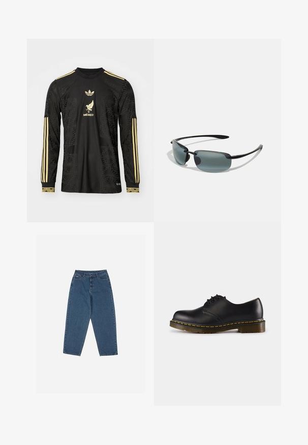 Camisola de mangas longas preta com detalhes em dourado, apresentando padrões florais texturizados, logótipos da Adidas e a palavra "MÉXICO" impressa ao centro.; Calças de ganga azul com um corte descontraído, cintura alta, design de cinco bolsos e detalhes em costura. Apresenta um fecho com botão e zíper.; Shoe preto de couro com biqueira arredondada, design de atacador, costura amarela ao longo da sola e uma sola de borracha texturizada e robusta.; Óculos de sol com armações metálicas pretas, hastes finas e lentes retangulares em cinza degradê; apresentam almofadas de nariz em borracha e design minimalista.